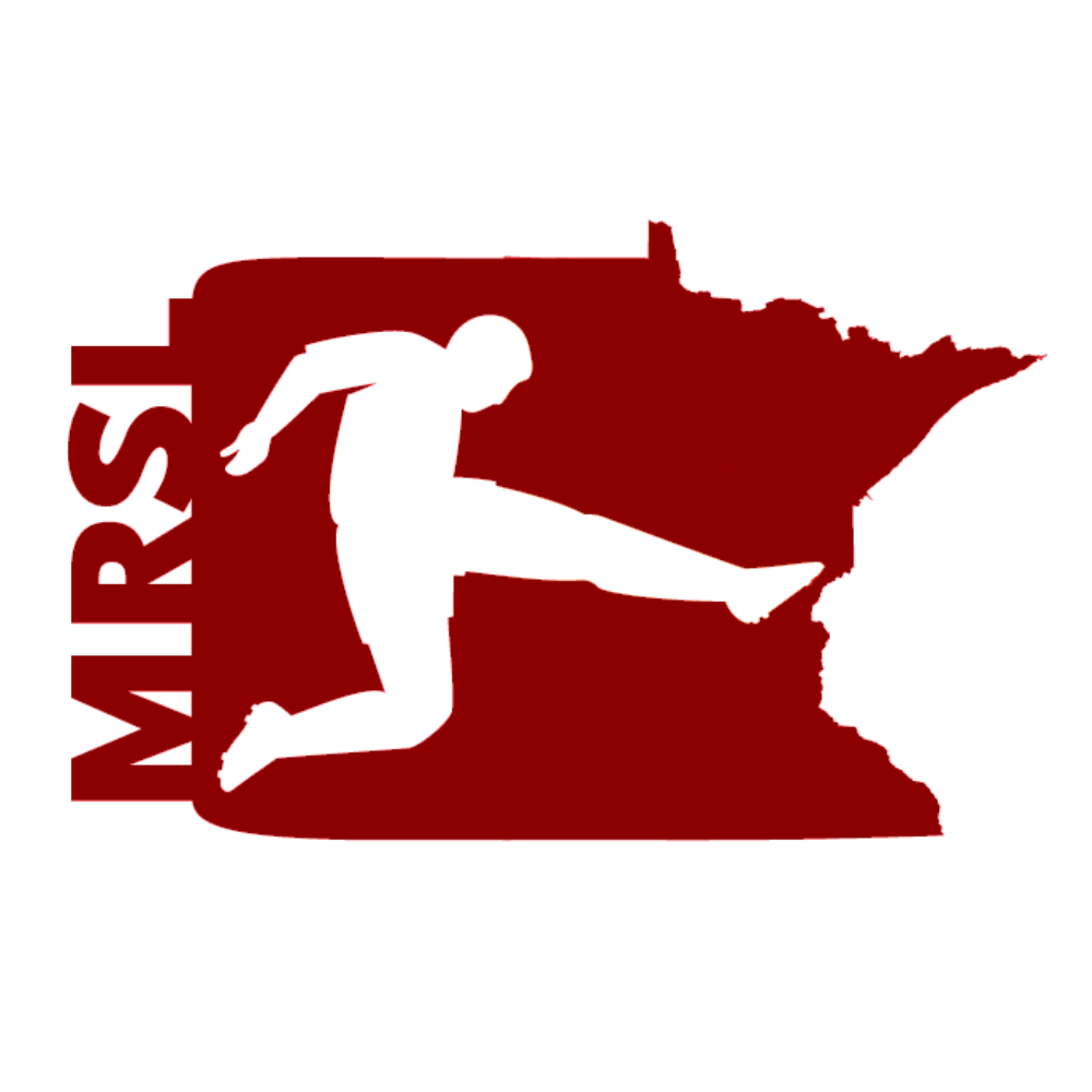 MRSL Logo. A soccer player kicking a ball on top of a map-outline of Minnesota.
